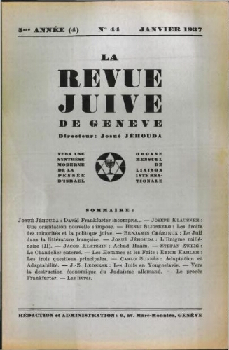 La Revue Juive de Genève. Vol. 5 n° 4 fasc. 44 (janvier 1937)